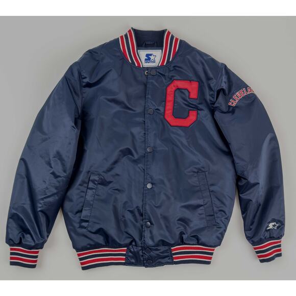 Cleveland Indians ボンバージャケット ネイビー/レッド MLB Starter Blue and Red Satin 90's Cleveland Indians Jacket